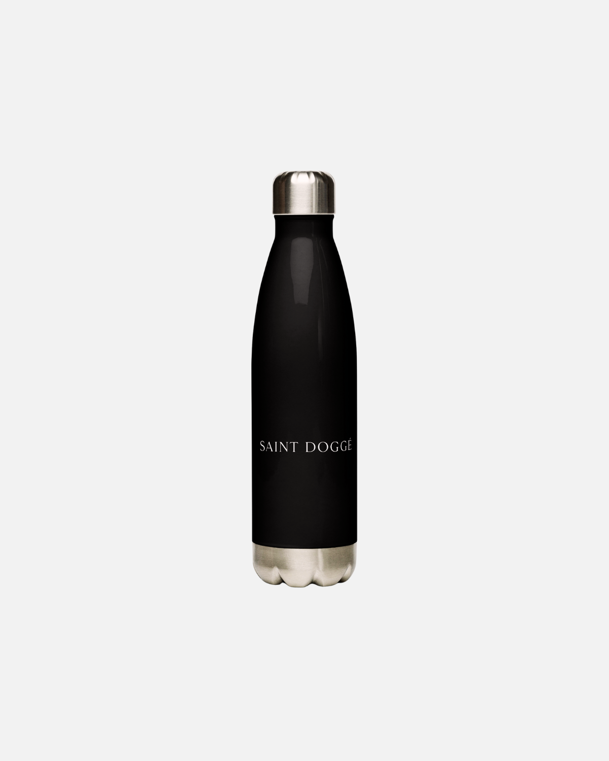 Matte black stainless steel water bottle with SAINT DOGGÉ branding