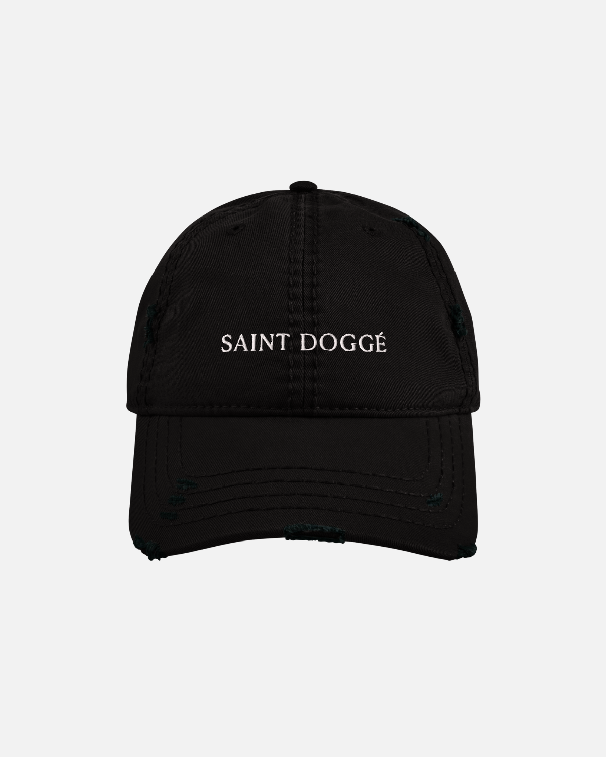 Distressed black cotton twill dad hat with embroidered SAINT DOGGÉ logo