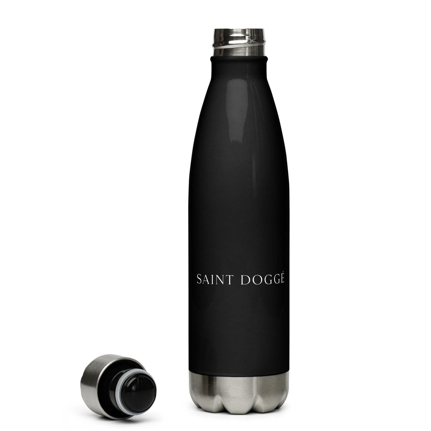 Matte black stainless steel water bottle with SAINT DOGGÉ branding